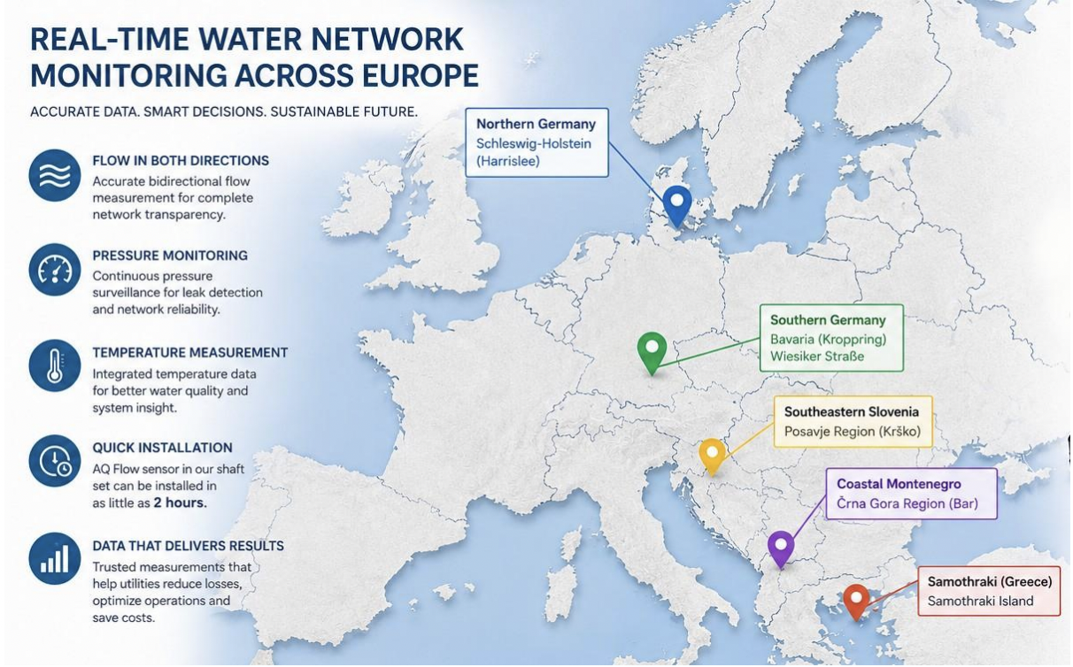 Map of Europe showing five AquaLink monitoring locations: Northern Germany, Southern Germany, Slovenia, Montenegro, and Samothraki Greece